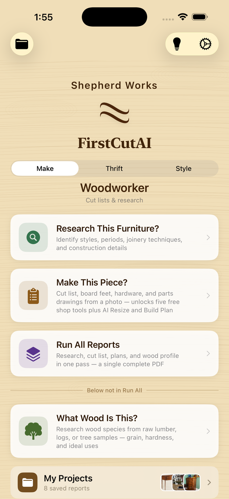 FirstCutAI home screen with three modes