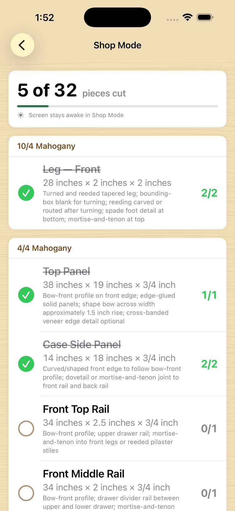 Shop Mode cutting checklist