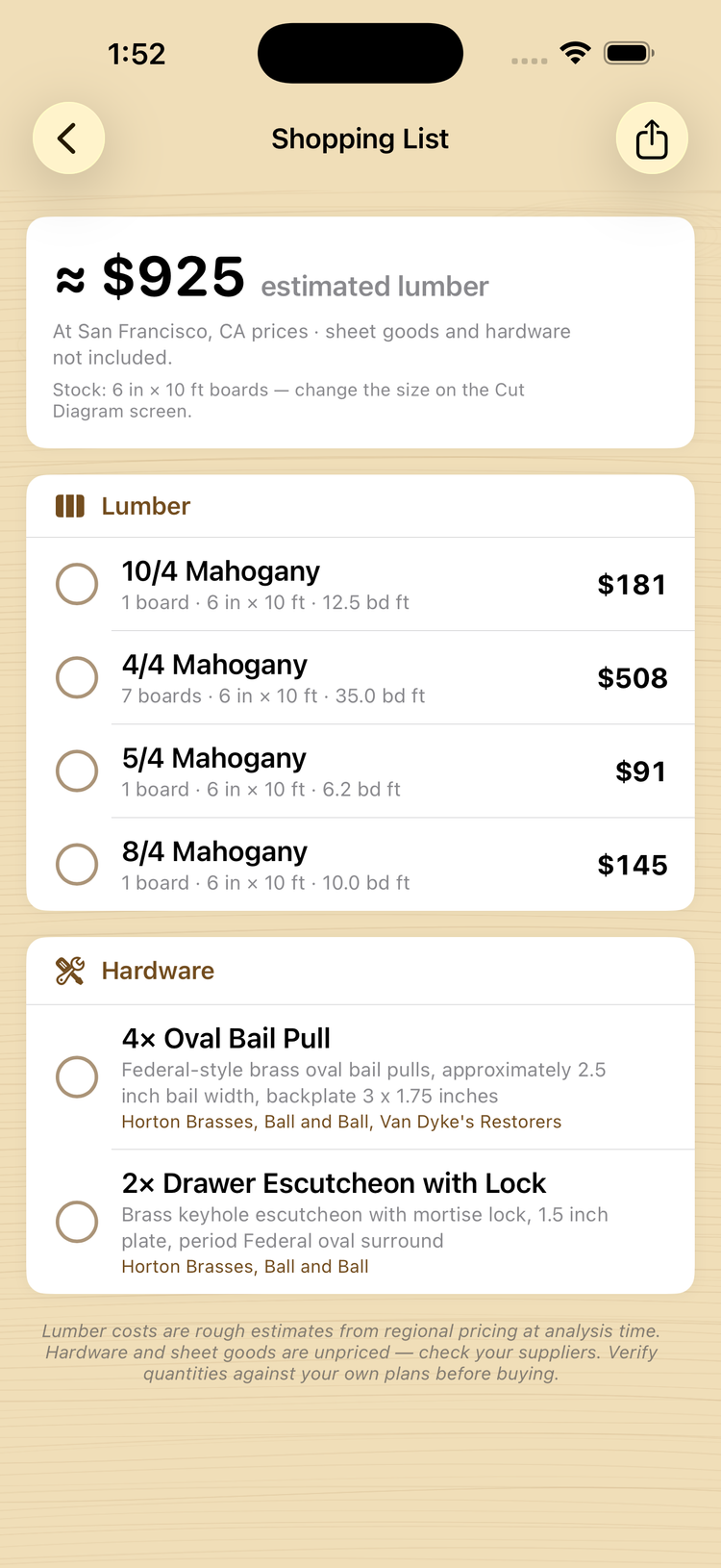 Shopping List with priced lumber